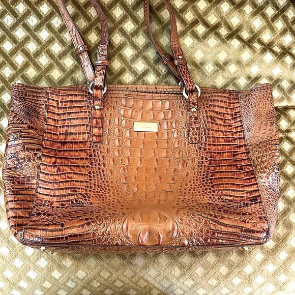 Brahmin designer Brown Embossed Leather handbag couture shoulder Tote - Picture 1 of 12